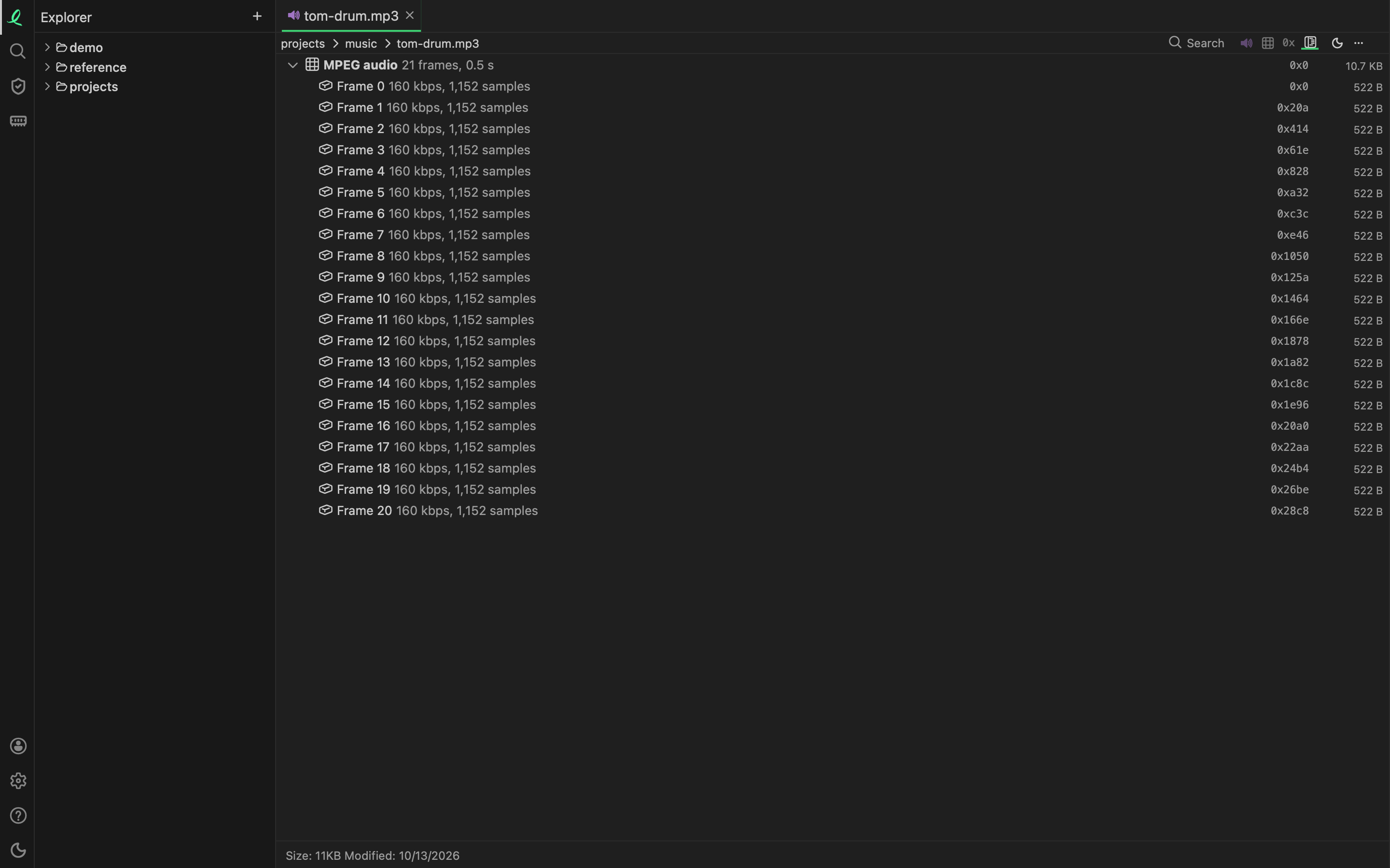 An mp3 in structure mode: MPEG audio, 21 frames, each with its bitrate and byte size