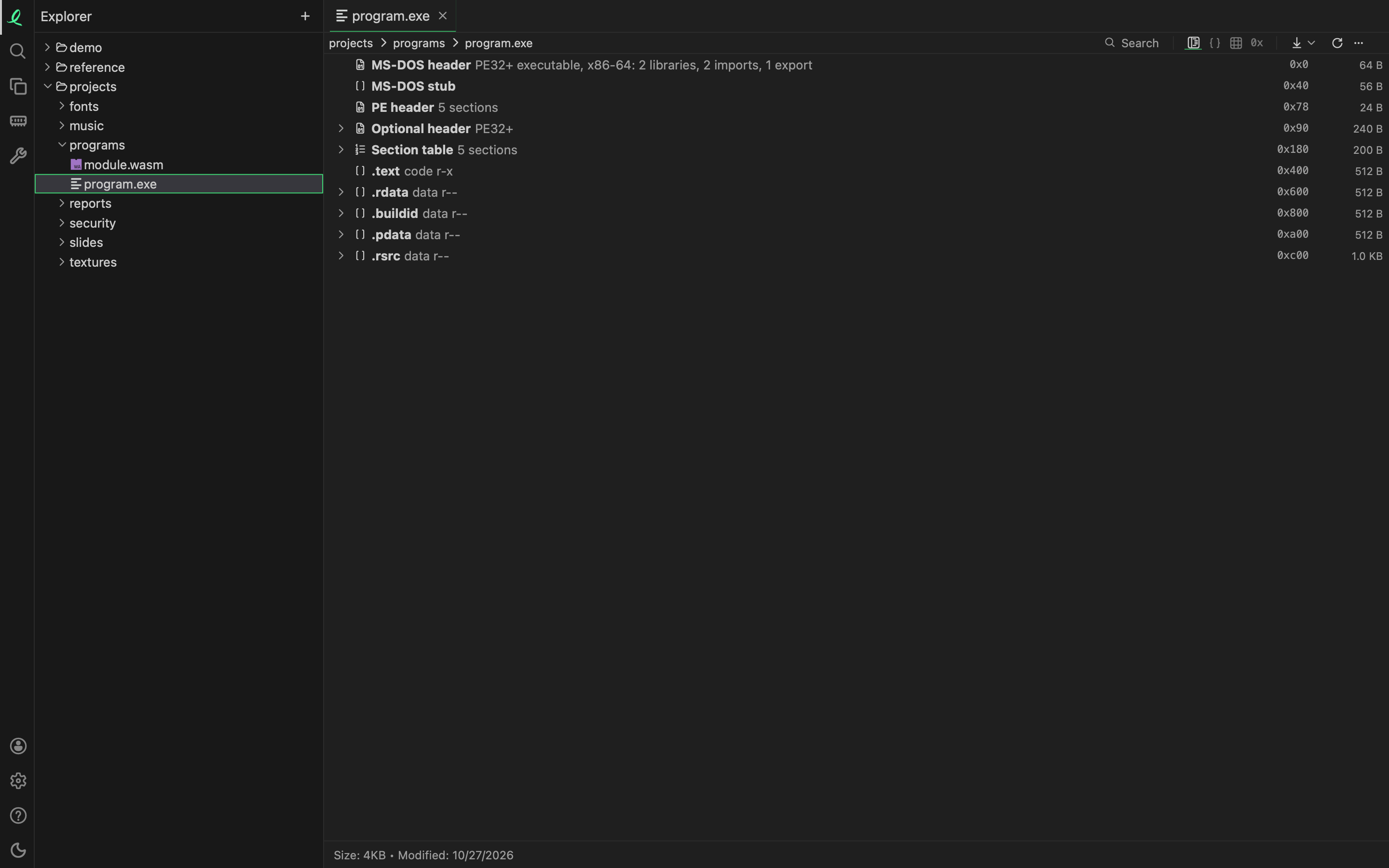 A Windows program in structure mode: its DOS header, PE header, optional header, section table and each section with its offset and size