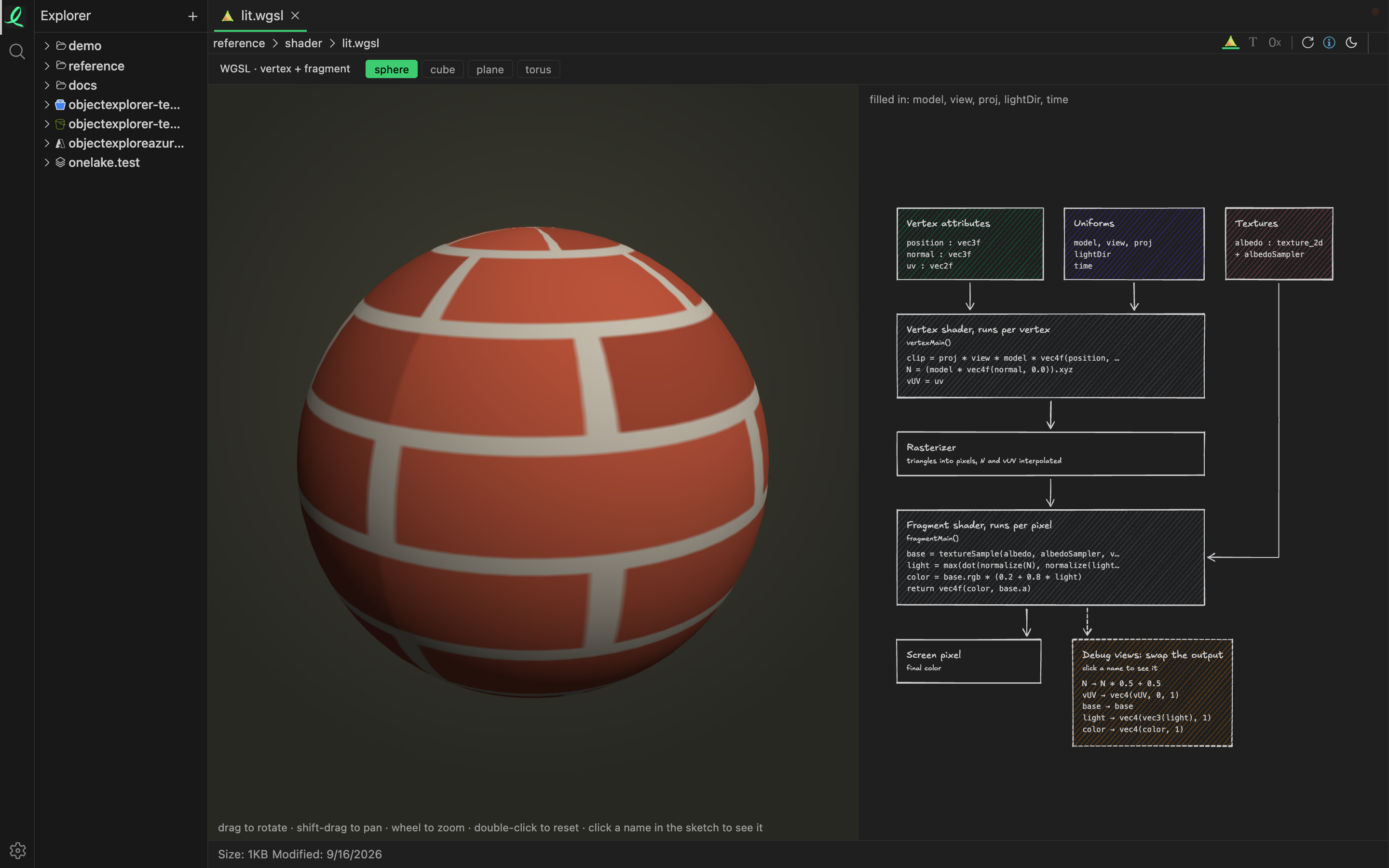 lit.wgsl in the shader view: a lit sphere on the left, its uniforms and pipeline diagram on the right