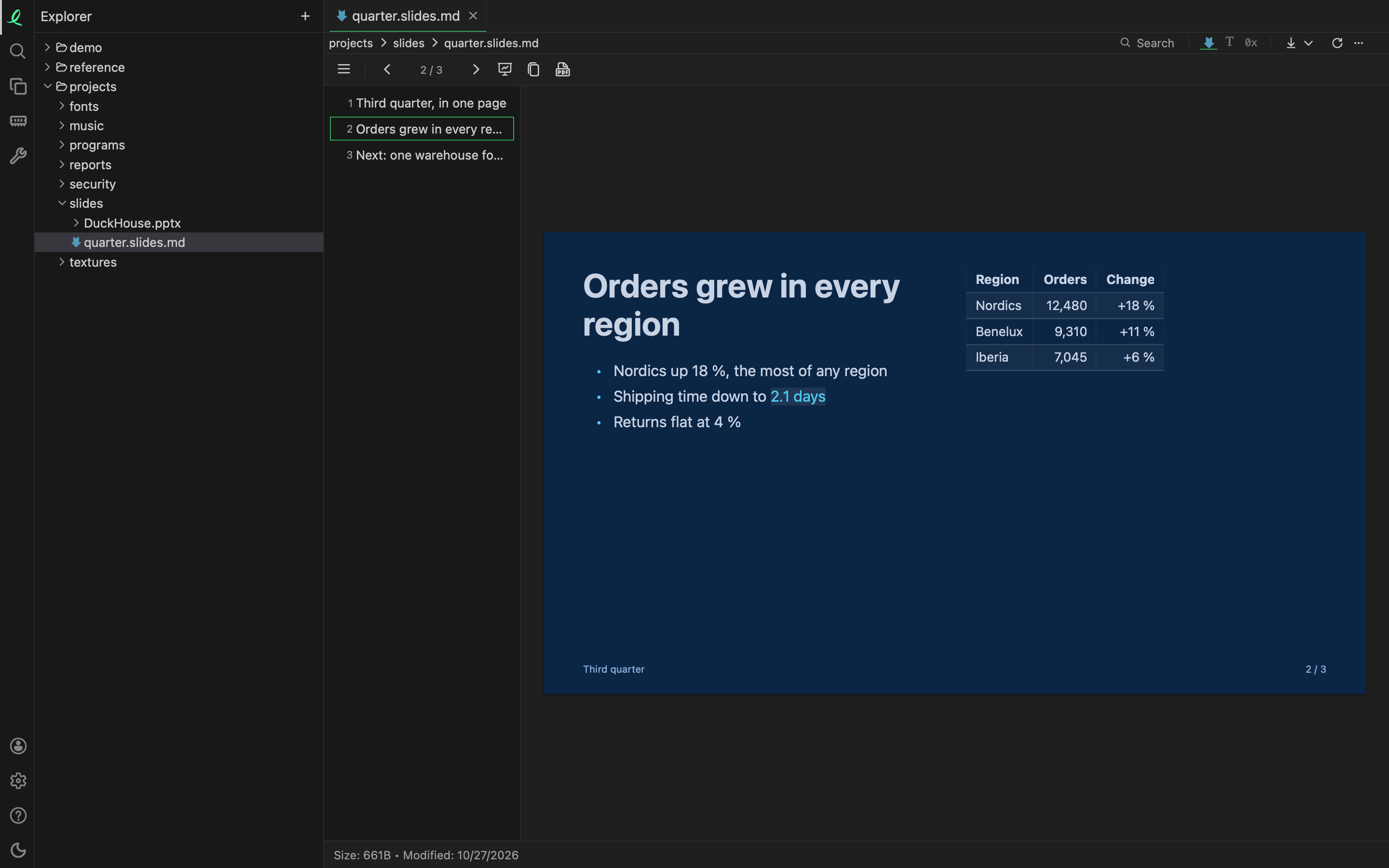 A slide deck: the slide titles down the side, the slide on show beside them with a table in its right column