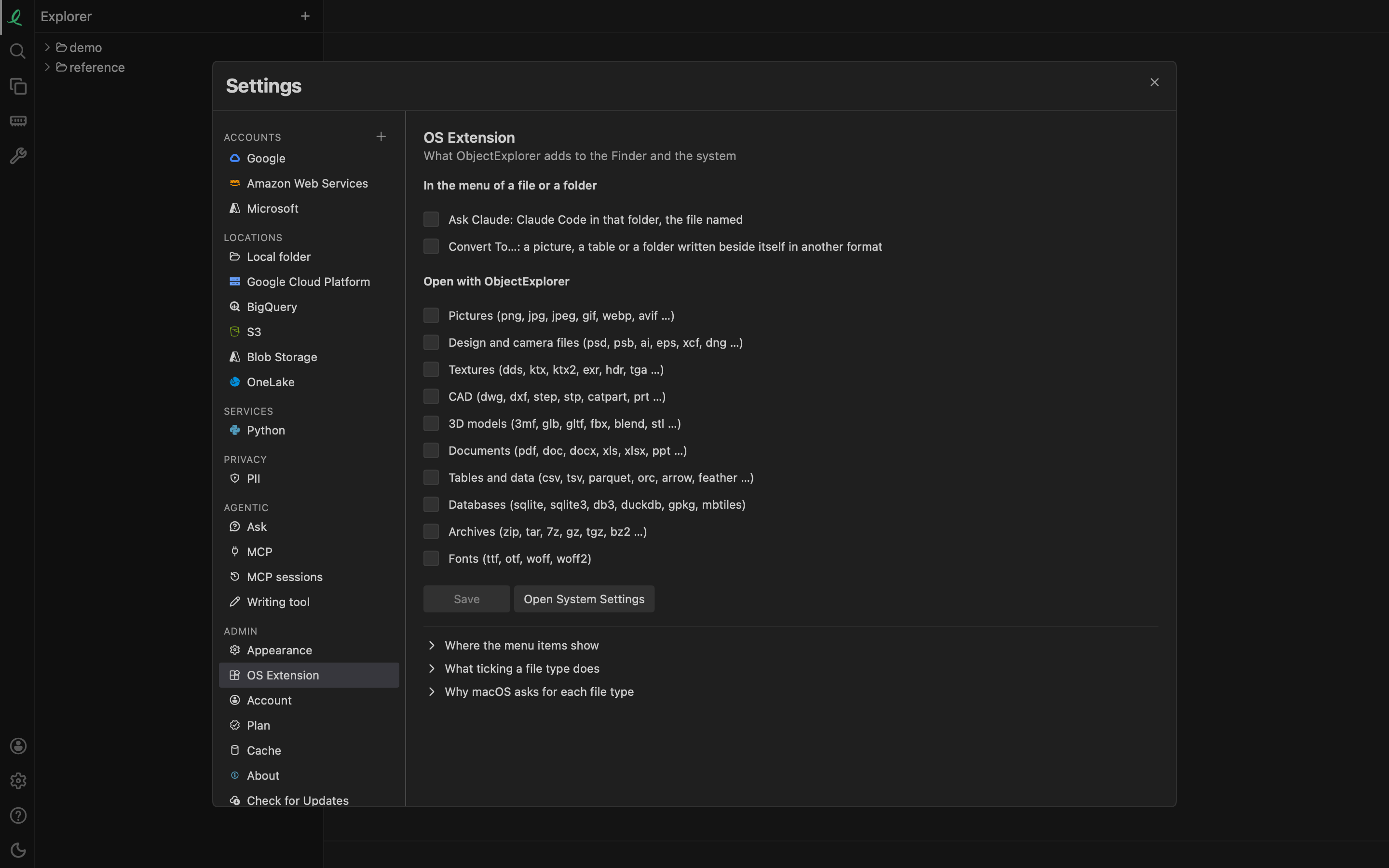 Settings, OS Extension: Ask Claude and Convert To for the file manager's menu, and the families of files to open with ObjectExplorer, each with a tick, over Save and Open System Settings