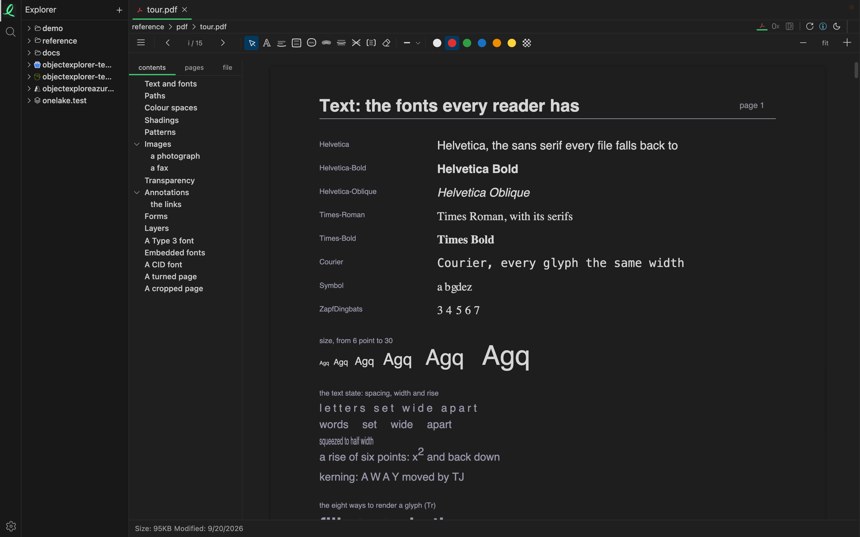 A PDF open in the reader, with its contents panel beside the page and a highlight over a line