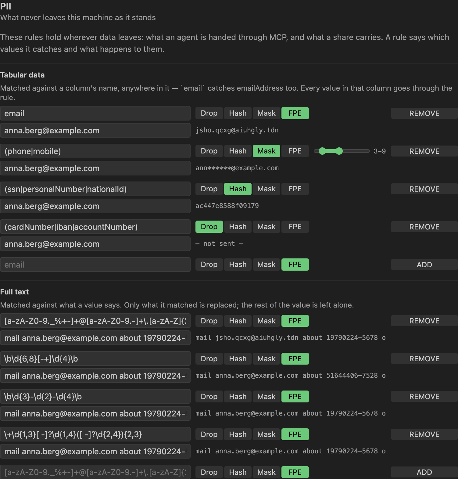 Settings → PII: four column rules, one each of FPE, Mask, Hash and Drop, and four full-text rules, every rule with a sample as it is and as it goes