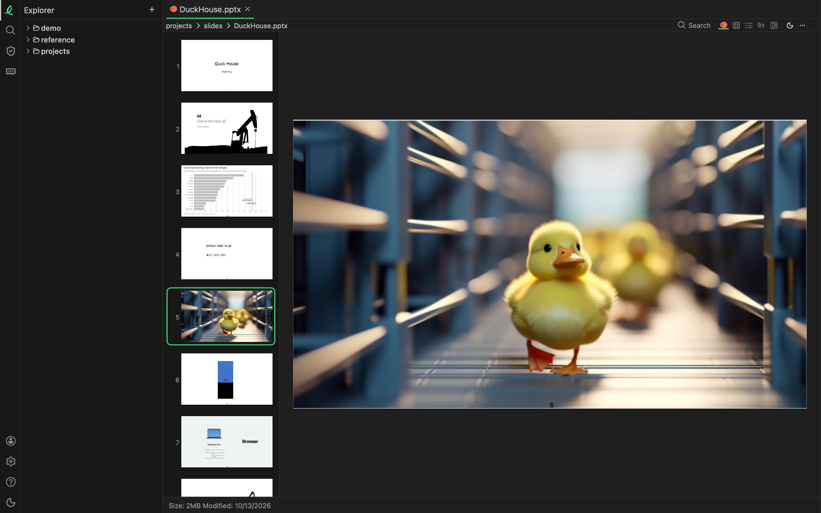 A pptx: every slide as a thumbnail down the side, the one picked drawn large beside them