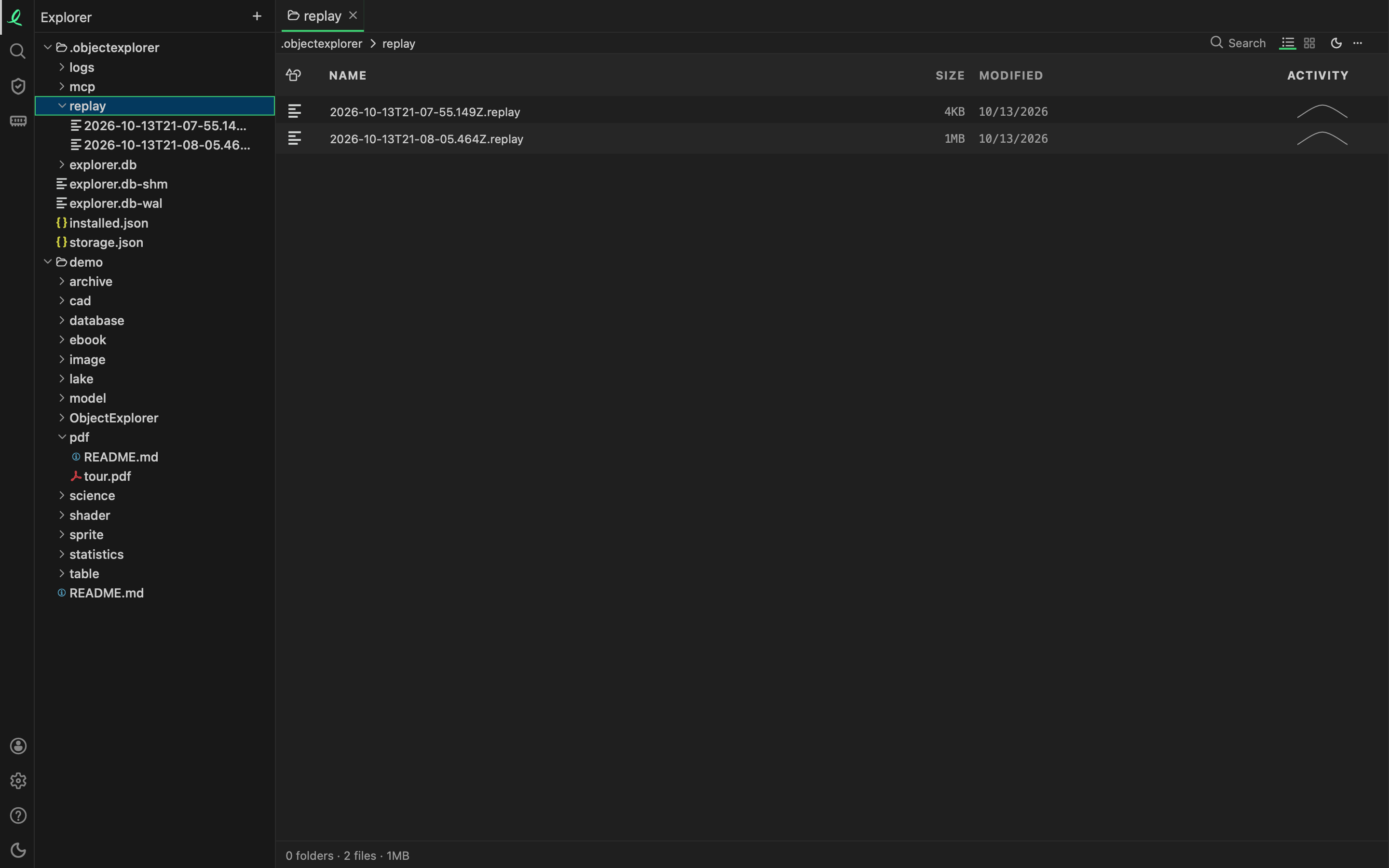 The replay folder in the tree and listed beside it, a recording per session named by when it started