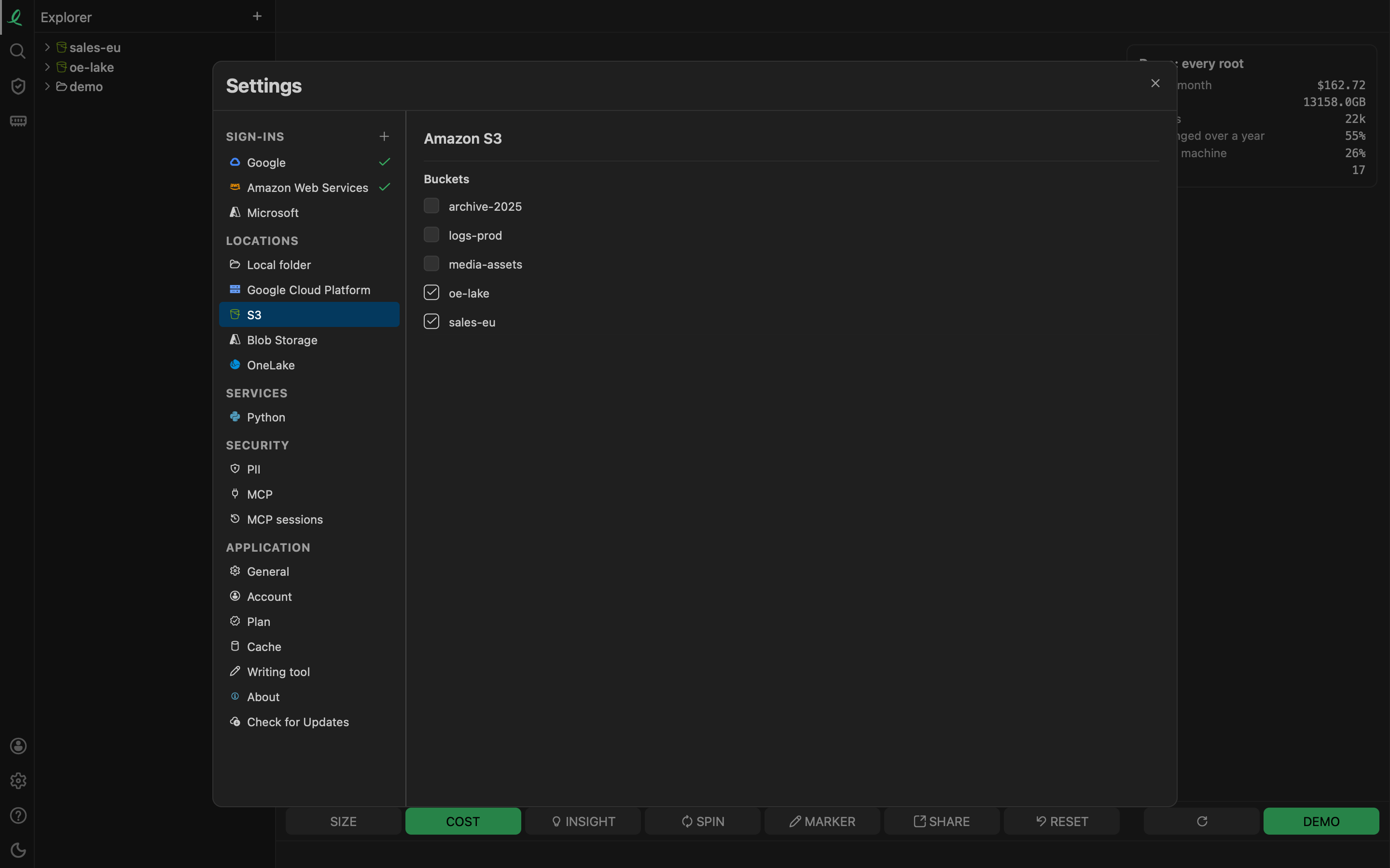 Settings: the Sign-ins and Locations groups on the left, and S3 with the account's buckets, the two in the tree ticked
