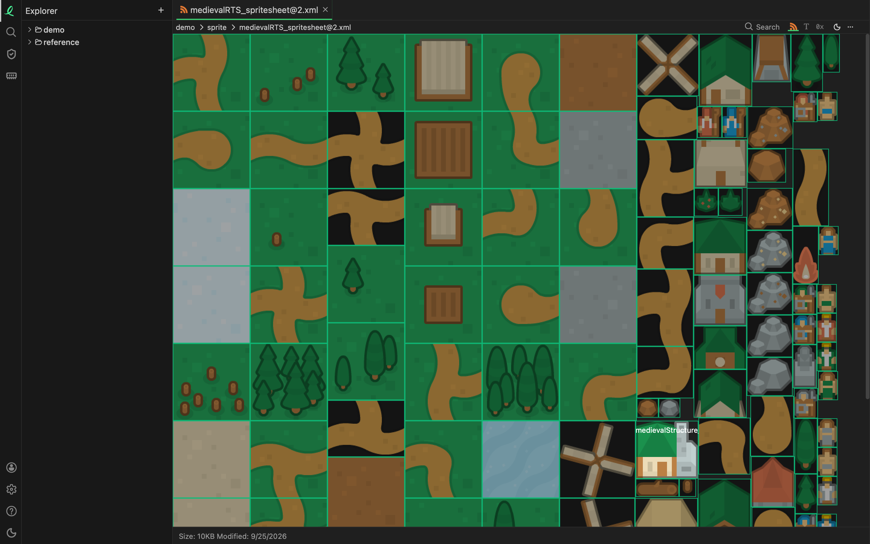 A texture atlas with every sprite's bounding box overlaid and named