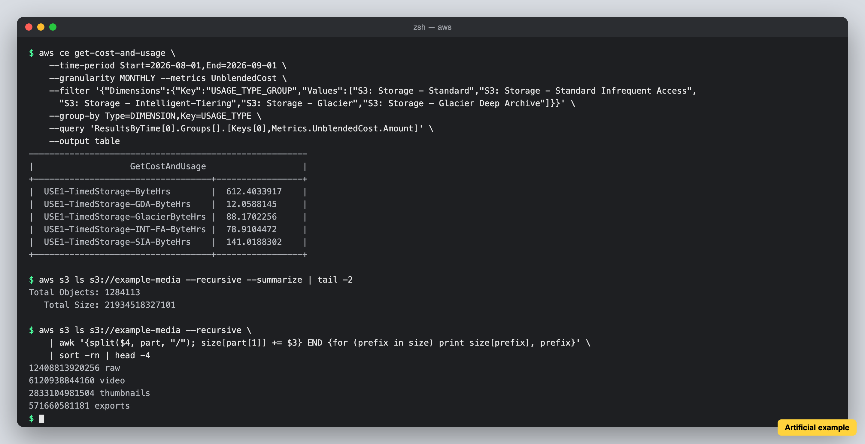 Artificial terminal session with aws ce get-cost-and-usage and aws s3 ls