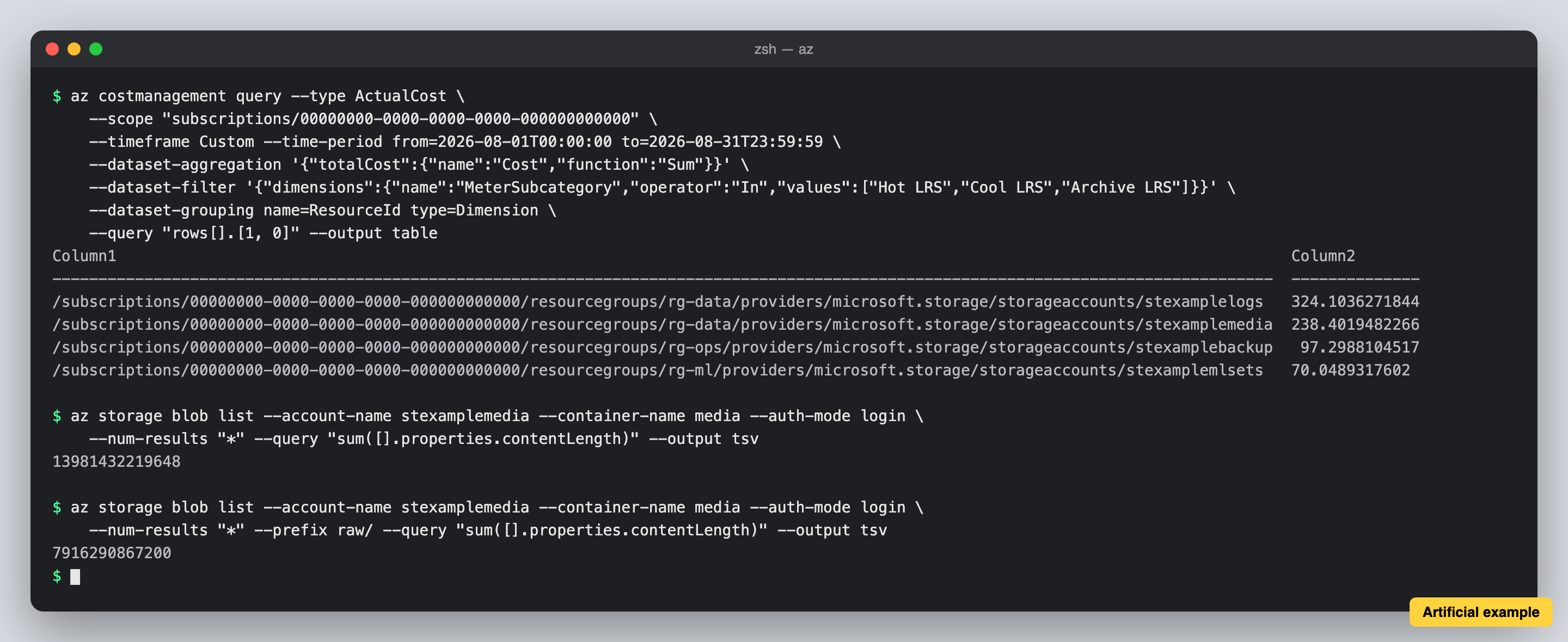 Artificial terminal session with az costmanagement query and az storage blob list