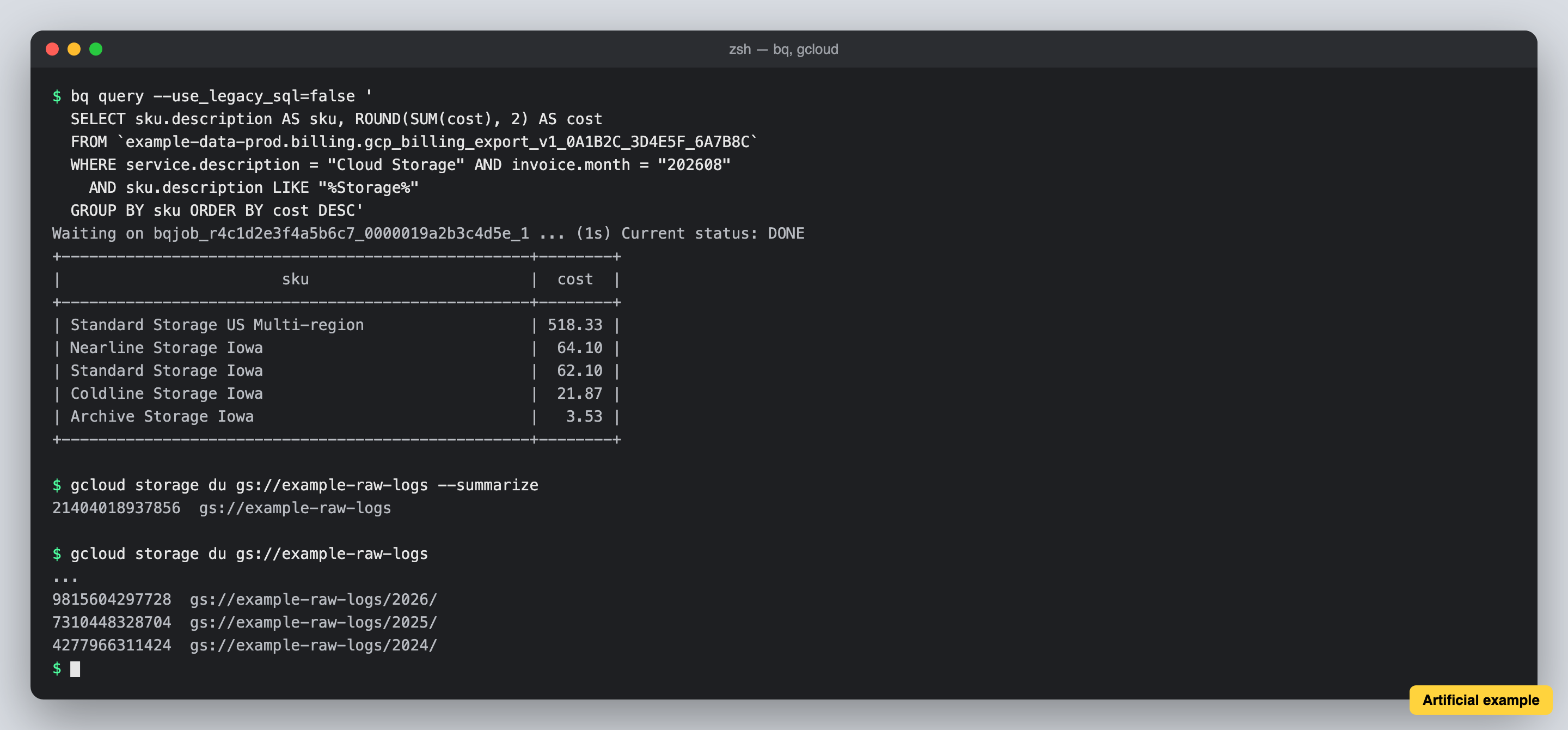 Artificial terminal session with bq query over the billing export and gcloud storage du