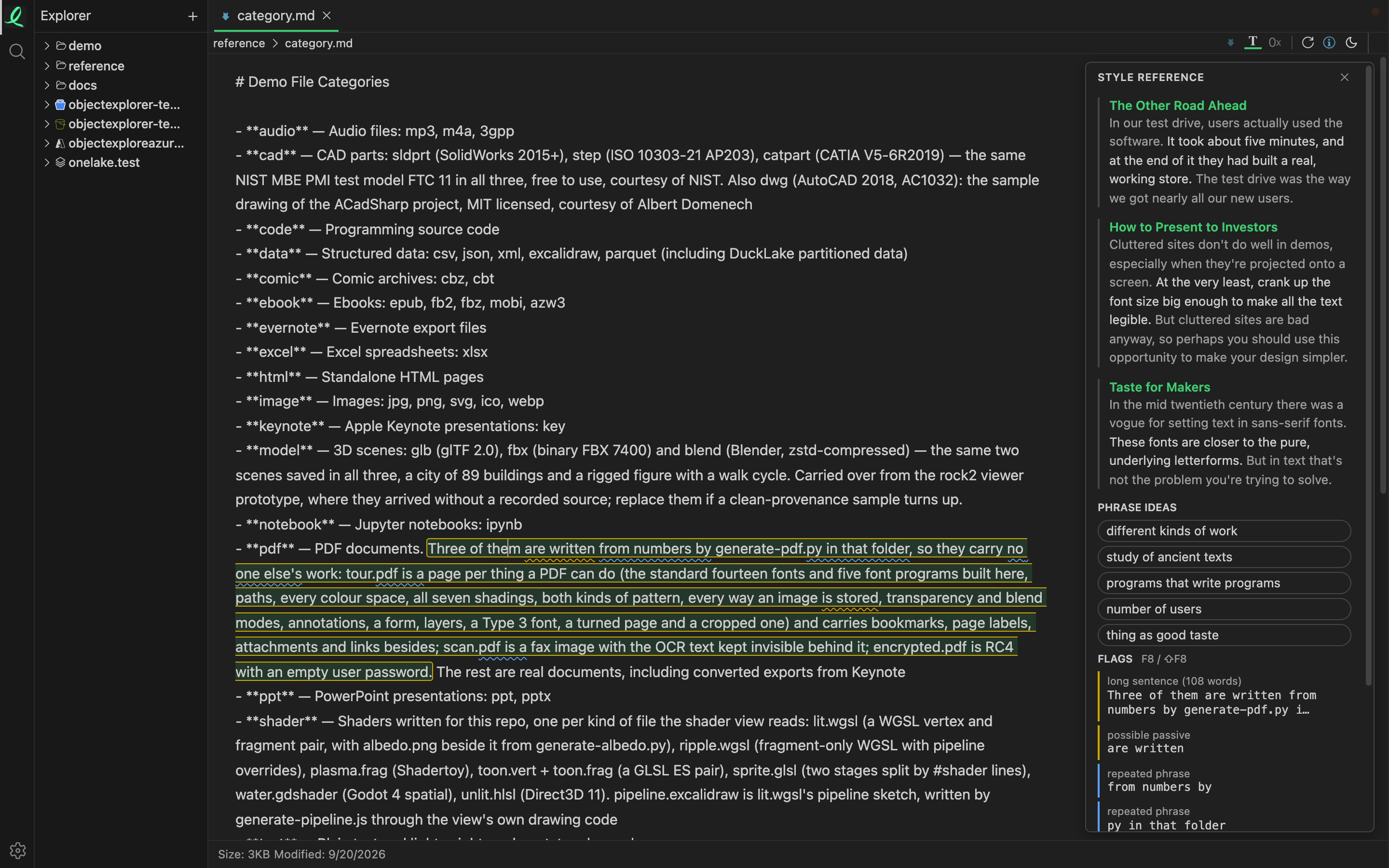 A markdown file open for editing, with the style sidebar beside it showing a reference passage, phrase ideas and flags