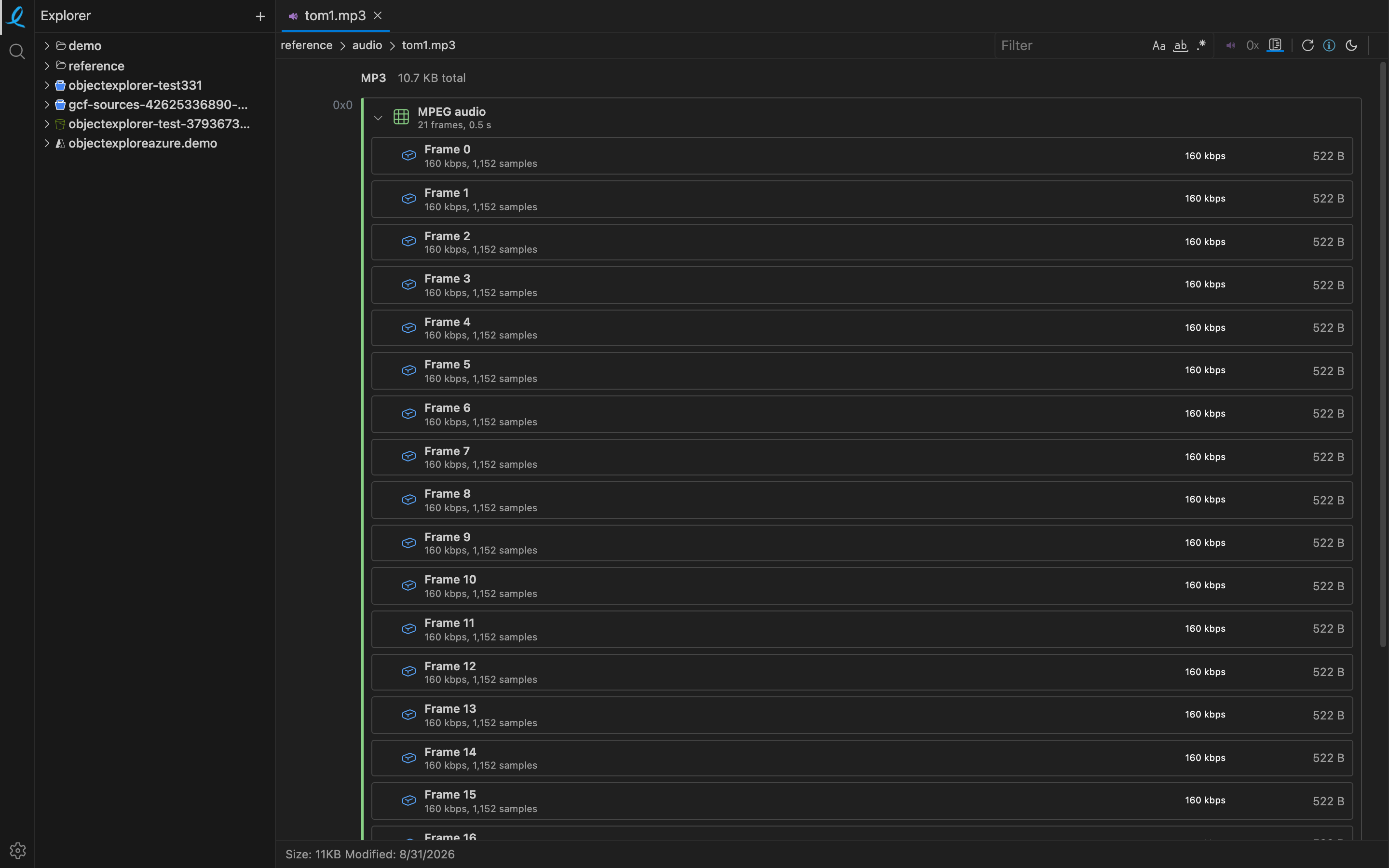 An mp3 in structure mode: MPEG audio, 21 frames, each with its bitrate and byte size