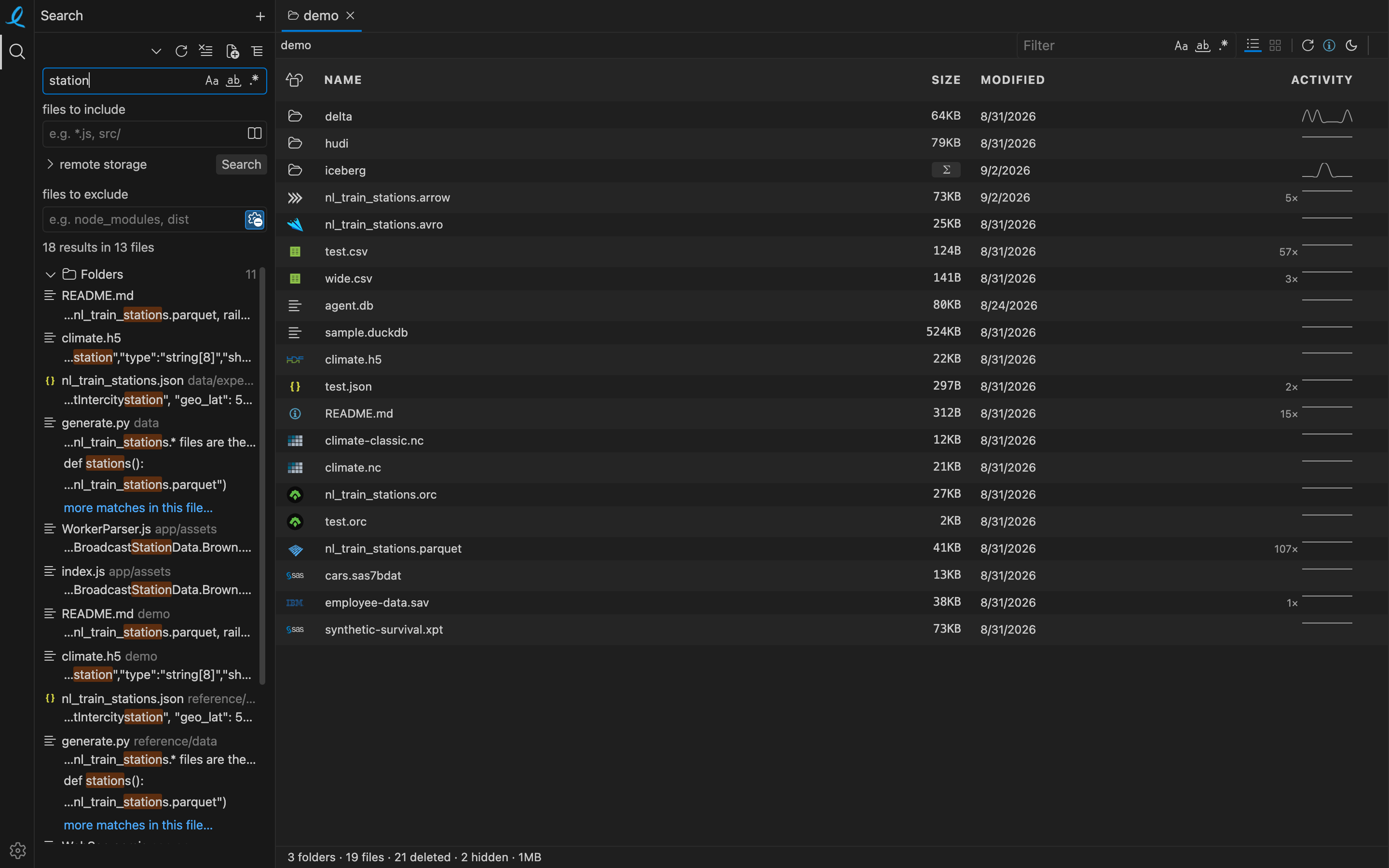 Search results across local folders, grouped by file with the matching line