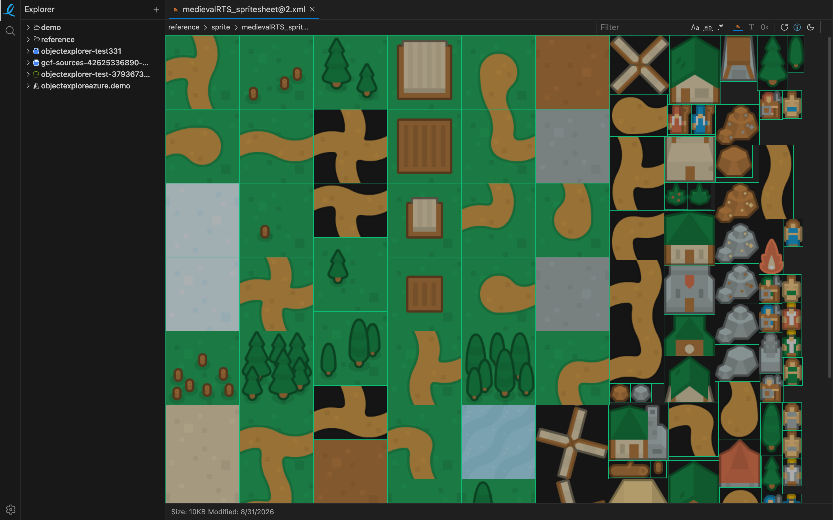 A texture atlas with every sprite's bounding box overlaid and named